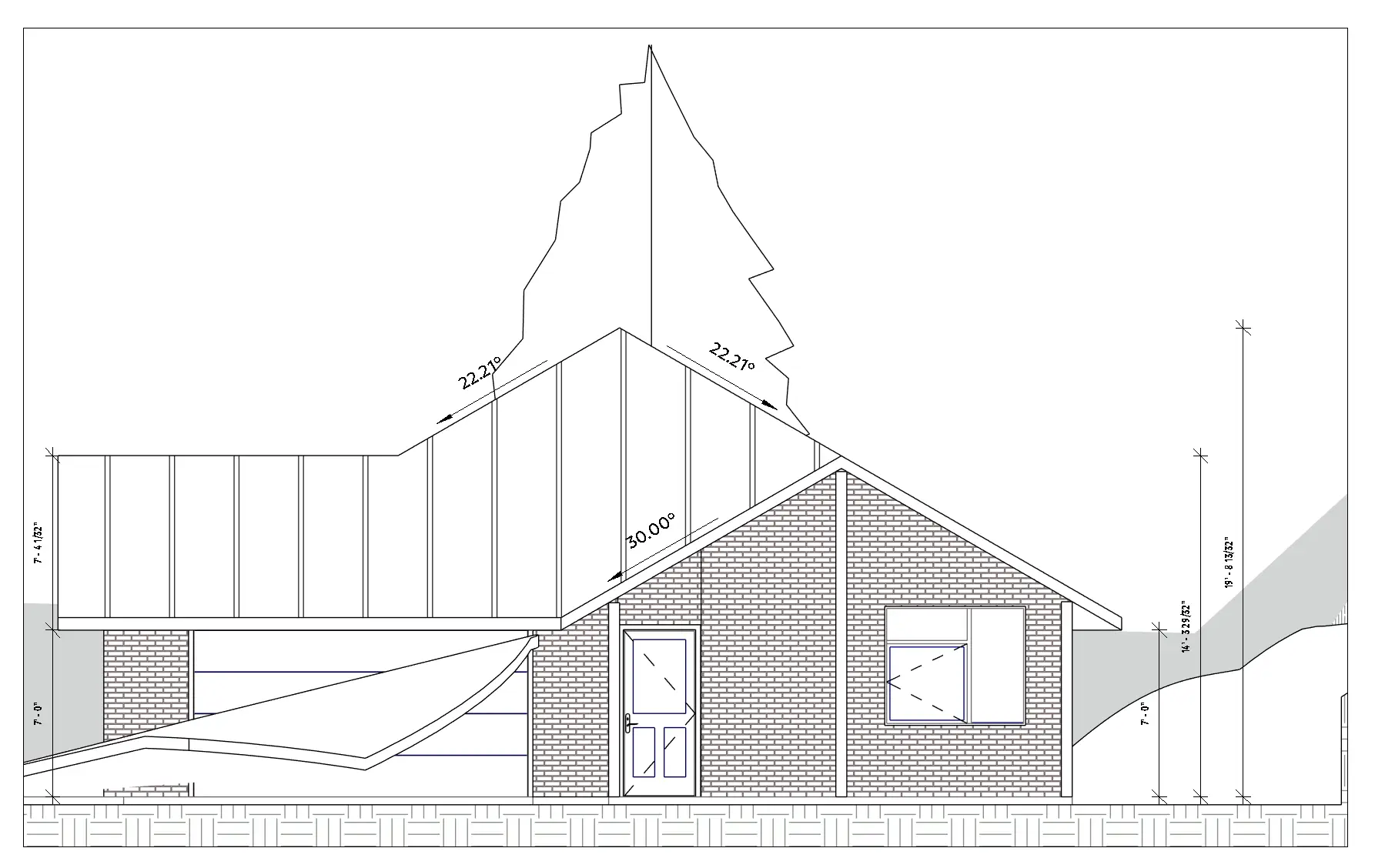Gable-end elevation of a three-bedroom hillside bungalow, showing the 30-degree entry gable, window openings, and the finished grade line across a sloping lot.