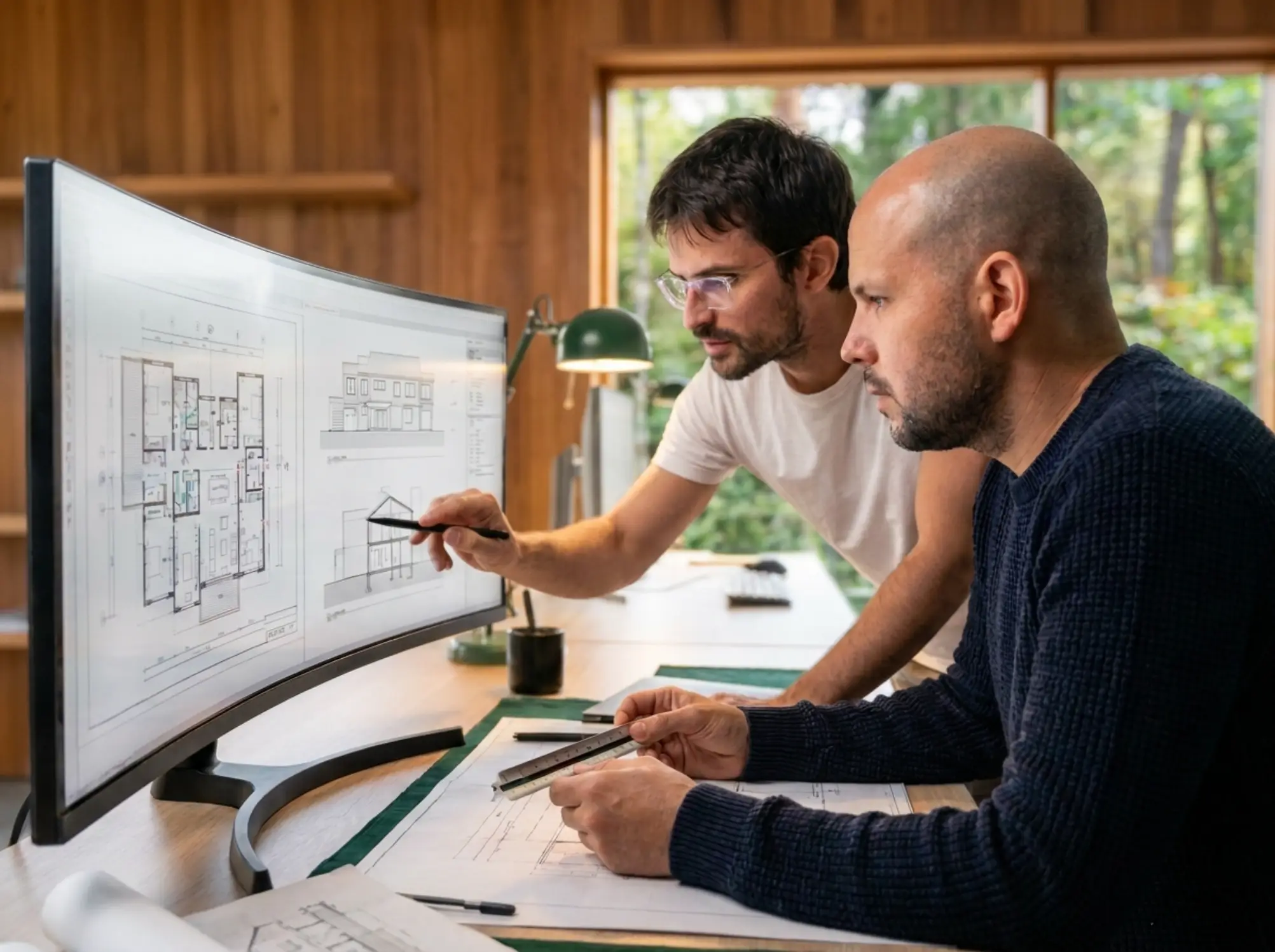 The studio's two drafters at a curved monitor, reviewing a floor plan, elevation, and section together, with printed drawings spread across the desk.